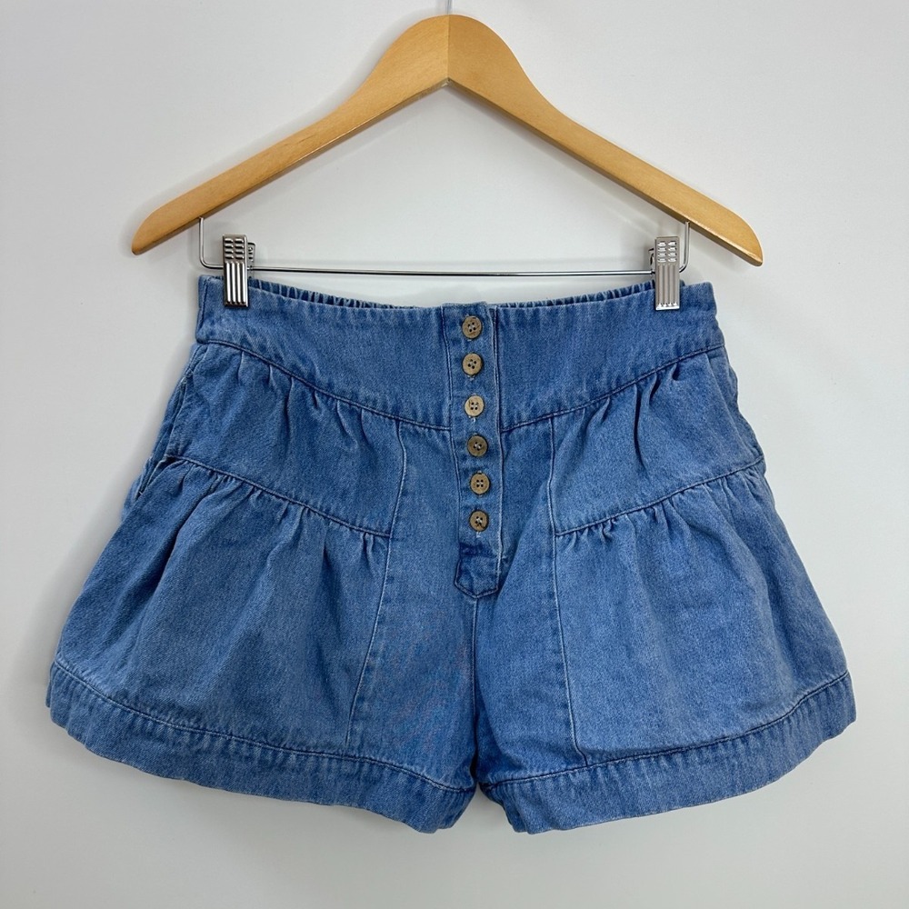 Bohme Blue Denim Tiered Ruffle Shorts Medium Wash Button Front High Rise Size M - Picture 13 of 13